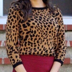Talbots Leopard Print 3/4 Sleeve Scoop Neck Pullover Sweater L